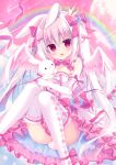 1girl angel_wings animal_ears ass bangs blush bow bowtie breasts checkered_clothes checkered_legwear choker cleavage commentary_request crown elbow_gloves feathered_wings feet_out_of_frame frilled_legwear gloves hair_bow hair_ribbon hasune leg_ribbon long_hair mini_crown no_panties open_mouth original petticoat pink_background pink_hair pink_ribbon rabbit_ears rabbit_tail rainbow ribbon small_breasts solo stuffed_animal stuffed_bunny stuffed_toy tail thighhighs twintails white_legwear white_wings wings 