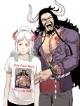  1boy 1girl alternate_costume arm_tattoo arms_at_sides bare_arms beard black_hair chest_tattoo closed_eyes closed_mouth contemporary cowboy_shot cuffs curled_horns english_text facial_hair facing_viewer father_and_daughter feng_gong_stantham green_hair grey_horns height_difference highres horns kaidou_(one_piece) laughing leaning_to_the_side long_hair long_sleeves looking_at_viewer multicolored_hair multicolored_horns mustache one_piece oni open_mouth orange_eyes orange_horns parody pectorals photo-referenced photo_(object) print_shirt red_horns shirt short_sleeves simple_background smile spikes stomach tattoo teenage two-tone_hair v-shaped_eyebrows very_long_hair white_hair yamato_(one_piece) younger 