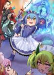  +_+ 1boy 5girls blonde_hair blue_hair brown_hair chamber_dragonmaid constricted_pupils covering_mouth curtains dragon_girl dragon_horns dragon_tail dress duel_monster empty_eyes fingerless_gloves gloves green_hair hair_over_one_eye hand_over_own_mouth hat hatano_kiyoshi highres holding holding_sword holding_weapon horns juliet_sleeves katana kitchen_dragonmaid laundry_dragonmaid long_hair long_sleeves maid_headdress multiple_girls nurse_cap nurse_dragonmaid open_mouth parlor_dragonmaid picture_frame pink_eyes pink_hair pointing ponytail puffy_sleeves purple_hair red_hair shiranui_spectralsword shiranui_spectralsword_shade sparkle sweat sweating_profusely sword tail unamused weapon wide_sleeves yu-gi-oh! 