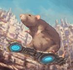  2022 biped black_eyes city detailed_background feral hi_res hoverboard humanoid_hands mammal murid murine nejumipro outside pink_nose rat rodent slightly_chubby solo 