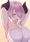  1girl armpits arms_behind_head arms_up breasts cleavage closed_eyes closed_mouth commentary_request draph eyelashes flower gradient gradient_background granblue_fantasy hair_flower hair_ornament hair_tie highres horns large_breasts mouth_hold naked_towel narmaya_(granblue_fantasy) pink_hair short_hair smile solo teriton towel upper_body yellow_background 