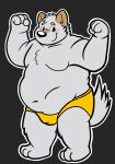  2022 anthro belly big_belly black_nose blush bod bulge canid canine canis clothing domestic_dog grey_body hi_res humanoid_hands jakegr male mammal moobs overweight overweight_male simple_background solo underwear yellow_clothing yellow_underwear 