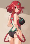  1girl adjusting_clothes adjusting_swimsuit ass bangs black_swimsuit breasts closed_mouth commentary_request competition_swimsuit cowboy_shot earrings highres jewelry looking_at_viewer medium_breasts one-piece_swimsuit pyra_(pro_swimmer)_(xenoblade) pyra_(xenoblade) red_eyes red_hair red_swimsuit short_hair smile solo swept_bangs swimsuit thighs tiara two-tone_swimsuit xenoblade_chronicles_(series) xenoblade_chronicles_2 yashiro_misone 