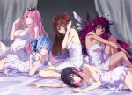  5girls asahi_tsujino azki_(hololive) bangs blue_eyes blue_hair breasts brown_hair camisole cleavage dress hair_between_eyes hair_ornament hair_ribbon hairclip head_on_hand heterochromia highres holding_leg hololive hololive_english holomyth horns hoshimachi_suisei idol irys_(hololive) large_breasts long_hair looking_at_viewer lying medium_hair mori_calliope multicolored_hair multiple_girls multiple_horns on_bed on_stomach pink_hair playing_with_own_hair red_eyes red_hair red_ribbon ribbon short_dress short_hair side_ponytail sideboob star_(symbol) star_bracelet star_hair_ornament tiara tokino_sora virtual_youtuber white_camisole 