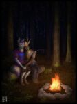  2017 5_fingers anthro anthro_on_anthro antlers black_nose blonde_hair blue_eyes bottomwear brown_antlers brown_body brown_clothing brown_footwear brown_fur brown_shoes campfire canid canine cervid cheek_tuft claws clothing dated denim denim_clothing duo eyewear facial_tuft fingers footwear forest fox fur glasses glistening glistening_eyes grass green_ears green_eyes green_nose grey_body grey_clothing grey_fur grey_inner_ear grey_shirt grey_t-shirt grey_tail grey_topwear hair hand_holding hand_on_leg hand_on_shoulder hi_res horn jeans log male male/male mammal neck_tuft pants plant purple_body purple_clothing purple_fur purple_hair purple_shirt purple_t-shirt purple_tail purple_topwear romantic romantic_couple shirt shoes short_hair shots signature skyelegs star t-shirt tan_body tan_fur tan_inner_ear topwear tree tuft wood 