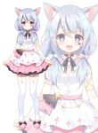  1girl :d animal_ear_fluff animal_ears bangs black_hair blue_hair blush bow character_request closed_mouth commentary_request eyebrows_visible_through_hair garter_straps hair_between_eyes hair_bow hair_over_shoulder indie_virtual_youtuber long_hair looking_at_viewer low_twintails mauve multicolored_hair multiple_views pink_bow pink_footwear pink_skirt pleated_skirt purple_eyes shirt shoes simple_background skirt smile standing star-shaped_pupils star_(symbol) streaked_hair symbol-shaped_pupils tail thighhighs twintails virtual_youtuber white_background white_bow white_legwear white_shirt zoom_layer 