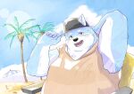  2022 absurd_res anthro beach belly big_belly black_nose blue_body canid canine canis cloud domestic_dog en_1_9 hi_res humanoid_hands kemono male mammal outside overweight overweight_male palm_tree plant seaside sitting solo tree white_body 