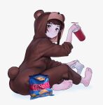  1girl :| animal_costume arm_up asymmetrical_hair bangs barefoot bear_costume blunt_bangs brown_hair chips closed_mouth commentary controller crossed_legs cup disposable_cup drinking_straw eyebrows_behind_hair food from_behind grey_background hair_ornament highres holding holding_controller holding_cup iwakura_lain joshirah looking_at_viewer looking_back potato_chips red_eyes serial_experiments_lain short_hair simple_background single_sidelock sitting soles solo toes x_hair_ornament 