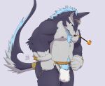  2022 anthro biped black_nose bottomwear bulge canid canine canis clothing domestic_dog hi_res humanoid_hands kemono loincloth male mammal moobs nipples nookdae overweight overweight_male repede simple_background solo tales_of_vesperia 