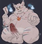  2022 anthro balls belly big_balls big_belly big_penis black_nose blush bodily_fluids canid canine dragon_night800 erection fox genitals hi_res humanoid_genitalia humanoid_hands humanoid_penis kemono male mammal moobs musk nipples overweight overweight_male penis simple_background solo sweat 