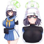  1girl 82jhin animal_ear_headwear belt belt_pouch black_undershirt blue_archive blue_shirt blush breasts frown halo helmet highres jitome large_breasts pleated_skirt pouch sailor_collar saki_(blue_archive) shirt skirt white_background 