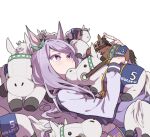  1girl animal_ears bangs commentary_request doll_hug horse_ears horse_girl long_hair lying mejiro_mcqueen_(umamusume) object_hug purple_eyes purple_hair ree_(re-19) shirt solo stuffed_animal stuffed_horse stuffed_toy swept_bangs umamusume white_shirt 