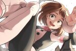  1girl bodysuit boku_no_hero_academia boots brown_eyes brown_hair floating hand_up highres knee_boots nakamu_405 open_mouth short_hair smile solo twitter_username uraraka_ochako white_background 