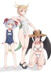  3girls absurdres antlers barefoot bikini black_hair black_wings blonde_hair curly_hair dragon_horns dragon_tail feet highres horn_ornament horn_ribbon horns horse_girl kicchou_yachie kurokoma_saki littiecy multiple_girls one-piece_swimsuit ponytail red_horns ribbon sheep_horns short_hair swimsuit tail toes touhou toutetsu_yuuma white_hair wings 