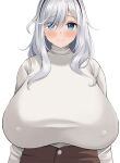  1girl absurdres blue_eyes blush breasts covered_nipples hair_over_one_eye highres huge_breasts long_hair neneneji original silver_hair simple_background smile sweater taut_sweater upper_body white_background white_sweater 