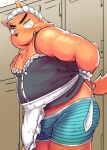 2015 anthro belly big_belly black_nose blush canid canine canis clothed clothing crossdressing cute_fangs diru11 domestic_dog kemono locker_room maid_uniform male mammal overweight overweight_male solo underwear uniform 