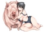  2021 areola areola_slip balls bestiality big_breasts black_hair blush breasts domestic_pig female feral genitals hair hi_res hugging_partner human komi-san_wa_komyushou_desu komi_shouko larger_male looking_at_viewer male male/female mamimi_(artist) mammal navel not_furry_focus overalls_only side_boob simple_background size_difference suid suina sus_(pig) thick_thighs ugly_bastard white_background 