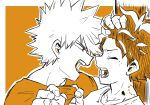  2boys bakugou_katsuki bite_mark boku_no_hero_academia border closed_eyes fighting freckles grabbing_another&#039;s_hair highres midoriya_izuku monochrome multiple_boys no_control open_mouth orange_background orange_hair outline shirt_grab shouting simple_background spiked_hair teeth white_border white_outline 