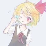  1girl artist_name black_vest blonde_hair collared_shirt commentary_request grey_background hair_ribbon highres holding holding_star m_(m073111) neck_ribbon one_eye_closed open_mouth puffy_short_sleeves puffy_sleeves red_eyes red_ribbon ribbon rumia shirt short_hair short_sleeves simple_background solo star_(symbol) touhou twitter_username upper_body vest white_shirt wing_collar 