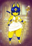  absurd_res animal_crossing ankh ankha_(animal_crossing) anklet anthro blue_eyes blue_hair bracelet breasts cleavage clothed clothing crovirus curvy_figure detailed_background dress egyptian_clothing eye_of_horus felid feline female hair hand_on_hip hi_res hieroglyphics high_heels jewelry mammal necklace nintendo scepter small_waist solo thick_thighs video_games wide_hips yellow_body 