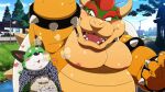  2022 anthro belly big_belly blush bodily_fluids bowser canid canine detailed_background duo eto1212 eyes_closed food green_body hi_res kemono koopa male mammal mario_bros moobs nintendo nipples outside overweight overweight_male rice scalie size_difference sweat video_games 