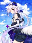  .live 1girl armpits breasts carro_pino cloud cloudy_sky detached_sleeves feathers highres long_hair low_twintails purple_eyes purple_hair rascala39 shorts sky sleeveless small_breasts solo twintails virtual_youtuber 