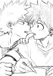  2boys bakugou_katsuki boku_no_hero_academia collarbone freckles greyscale hand_on_another&#039;s_shoulder highres holding holding_pen imminent_kiss looking_at_another male_focus midoriya_izuku monochrome multiple_boys no_control open_mouth pen shirt spiked_hair writing yaoi 