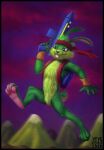  2018 4_toes 5_fingers anthro biped black_nose blue_eyes cheek_tuft crotch_tuft dated facial_tuft feet fingers front_view fur futuristic_gun glistening glistening_eyes green_body green_ears green_fur green_hair green_tail hair holding_object holding_weapon male pink_inner_ear scut_tail short_hair short_tail sign signature skyelegs solo teeth toes tuft weapon whiskers 