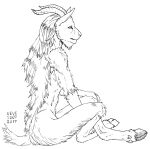  2017 anthro arm_tuft biped black_and_white cheek_tuft crossed_legs dated digitigrade facial_tuft hair hand_on_knee hand_on_leg hooves horn long_hair male monochrome shoulder_tuft signature sitting skyelegs solo tuft 