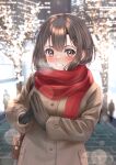  1girl bag bangs black_gloves blurry blush bokeh breasts breath brown_coat brown_eyes brown_hair christmas cityscape coat depth_of_field enpera gloves hair_ornament hairclip highres large_breasts long_sleeves looking_at_viewer night open_mouth original outdoors red_scarf scarf smile solo_focus steepled_fingers tree upper_body yoshiki_3821 
