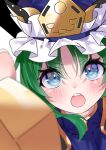  1girl :o bangs blue_eyes blurry blurry_foreground blush depth_of_field eyebrows_visible_through_hair face foreshortening green_hair hair_between_eyes hat highres looking_at_viewer ninniku_(mfu7324) open_mouth shiki_eiki simple_background solo touhou white_background 