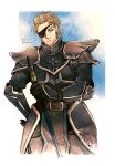  1boy aoharuto armor artist_name belt blonde_hair bracer brown_eyes dated day eyepatch fire_emblem fire_emblem:_path_of_radiance gloves haar_(fire_emblem) hand_on_hip highres male_focus outdoors short_hair simple_background solo standing 