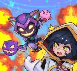  1boy 1girl ^^^ ahri_(league_of_legends) android bangs battle_boss_ziggs black_gloves black_hair bomb character_request explosion eyebrows_visible_through_hair fang fox_tail full_body gloves grin holding hood hood_up kirby kirby_(series) league_of_legends open_mouth phantom_ix_row shiny shiny_hair smile symbol-only_commentary tail teeth upper_body whiskers yellow_eyes yordle ziggs 