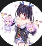  3girls adult_neptune bare_shoulders black_hair blush breasts cleavage collarbone eyebrows_visible_through_hair food giga-tera hair_between_eyes hair_ornament long_hair looking_at_viewer medium_breasts multiple_girls neptune_(neptune_series) neptune_(series) noire_(neptune_series) open_mouth pudding red_eyes sidelocks twintails 