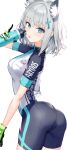  1girl absurdres animal_ears aqua_eyes arched_back ass bike_shorts biker_clothes bikesuit blue_archive bodysuit bottle breasts commentary drinking gloves hair_ornament highres looking_at_viewer looking_back shiroko_(blue_archive) small_breasts solo thighs water_bottle white_hair xkirara39x 