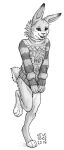  2018 4_toes anthro biped black_and_white cheek_tuft chin_tuft clothing dated dipstick_ears facial_tuft feet glistening glistening_eyes lagomorph leg_tuft leporid long_ears male mammal monochrome multicolored_ears open_mouth open_smile rabbit raised_leg scut_tail short_tail signature skyelegs smile solo standing sweater teeth toes topwear tuft whiskers 