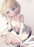  1girl bangs bare_arms blonde_hair blue_eyes blush breasts ear_blush elf eyebrows_visible_through_hair highres looking_at_viewer medium_breasts medium_hair no_bra on_bed parted_lips pointy_ears princess_zelda shirt shuri_(84k) sitting sitting_on_bed sleeveless sleeveless_shirt smile solo sweat the_legend_of_zelda thick_eyebrows twitter_username white_background white_shirt 