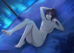  anime_eyes anime_style anthro balls belly blue_eyes blush city city_background city_lights cityscape defined emo emo_haircut feet floppy_ears fur genitals girly glitter hi_res highlights_(coloring) lagomorph leporid looking_at_viewer lying male mammal navel night nipples nude on_back paws piercing pose rabbit small_nose smile solo spread_wings toes toned_muscles vield_nevellinya white_body white_fur wings 