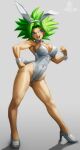  1girl absurdres animal_ears breasts detached_collar dragon_ball dragon_ball_super earrings elitenappa1 fake_animal_ears green_hair highres jewelry kefla_(dragon_ball) large_breasts leotard long_hair looking_at_viewer muscular muscular_female navel open_mouth playboy_bunny potara_earrings rabbit_ears simple_background smile solo spiked_hair strapless strapless_leotard super_saiyan tail wrist_cuffs 
