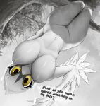  ? anthro areola avian beak big_breasts bird bodily_fluids breasts cardinal_(bird) english_text female genitals hanging_by_feet hanging_from_branch hi_res lactating looking_at_viewer milk monochrome navel nipples nude open_beak open_mouth oscine passerine plant pussy solo text thick_thighs thousandfoldfeathers tree upside_down winged_arms wings yellow_eyes 