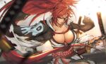  1girl absurdres baiken bangs blurry blurry_background breasts collarbone commentary eyepatch facial_mark forehead_mark guilty_gear guilty_gear_strive highres japanese_clothes katana large_breasts lips long_hair looking_at_viewer obi parted_lips ponytail red_eyes red_hair sash scar scar_across_eye sheath sheathed shimetsukage shiny shiny_skin simple_background solo sword tied_hair weapon 