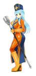 1girl absurdres blue_hair blue_tabard bodysuit boots cross cross_print dragon_quest dragon_quest_iii gloves hat highres long_hair looking_at_viewer mace mitre orange_bodysuit priest_(dq3) red_eyes shiny shiny_clothes shoukin500 skin_tight solo tabard weapon yellow_gloves 