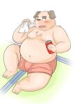  2013 anthro bake_gosut belly big_belly blush bodily_fluids bottomwear can canid canine canis clothing container domestic_dog humanoid_hands kemono male mammal moobs nipples one_eye_closed overweight overweight_male shorts sitting solo sweat towel 