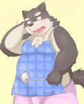  2013 anthro apron bake_gosut belly big_belly black_nose blush brown_body canid canine canis clothing domestic_dog humanoid_hands kemono male mammal overweight overweight_male simple_background solo underwear 