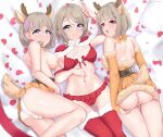  3girls absurdres animal_costume antlers aqua_eyes areolae ass back belt bra breasts brown_hair detached_sleeves grey_hair highres linatai love_live! love_live!_nijigasaki_high_school_idol_club love_live!_sunshine!! love_live!_superstar!! lying medium_breasts medium_hair multiple_girls nakasu_kasumi navel on_back on_side on_stomach panties pussy pussy_peek red_bra red_eyes red_legwear red_panties reindeer_antlers reindeer_costume salute santa_costume smile spread_ass tang_keke thighs underwear watanabe_you white_panties 