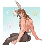  1boy alternate_costume animal_ears arms_behind_back ass backless_outfit bangs bara bare_back bare_shoulders brown_hair closed_mouth cowboy_shot easter_egg egg eyebrows_visible_through_hair fake_animal_ears fake_tail from_behind granblue_fantasy hair_between_eyes kemonomimi_mode long_hair looking_at_viewer looking_back male_focus male_playboy_bunny muscular muscular_male natural_virtue pantyhose pectorals rabbit_boy rabbit_ears rabbit_tail siegfried_(granblue_fantasy) simple_background sitting skin_tight smile solo tail thighhighs 