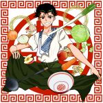  1boy absurdres apple apron apron_hold asanoyuma black_hair brown_eyes cabbage carrot food fruit ginger_root grin hair_slicked_back highres male_focus noodles onion ramen short_sleeves smile solo spring_onion urameshi_yusuke yu_yu_hakusho 