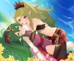  2girls ;d absurdres bangle bare_shoulders black_gloves bracelet dress fire_emblem fire_emblem:_mystery_of_the_emblem fire_emblem_awakening fire_emblem_heroes gloves green_eyes green_hair hair_ornament highres hug jewelry long_hair looking_at_viewer lying mikayu_1 multiple_girls navel nowi_(fire_emblem) official_alternate_costume on_back one_eye_closed outdoors pink_dress pointy_ears ponytail purple_eyes smile stomach tiara tiki_(fire_emblem) very_long_hair 