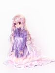  1girl bare_legs barefoot brown_eyes closed_mouth dress fate/stay_night fate_(series) full_body highres illyasviel_von_einzbern kneeling long_hair long_sleeves purple_dress see-through shiny shiny_hair short_dress silver_hair simple_background smile solo straight_hair very_long_hair white_background yu_(flowerbird3830) 