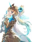  1girl absurdres armor armored_dress bangs blonde_hair blue_hair blush cape clear_glass_(mildmild1311) closed_mouth commentary_request dress eyebrows_visible_through_hair fingers_together fire_emblem fire_emblem_heroes fjorm_(fire_emblem) flower gloves gold_trim gradient gradient_hair hair_flower hair_ornament hands_up highres jewelry long_hair looking_at_viewer multicolored_hair ponytail shiny shiny_hair shoulder_armor simple_background smile solo tiara tied_hair two-tone_hair 